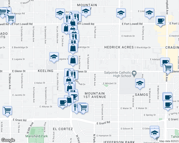 map of restaurants, bars, coffee shops, grocery stores, and more near East Glenn Street & North Tyndall Avenue in Tucson