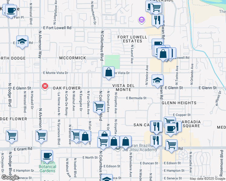 map of restaurants, bars, coffee shops, grocery stores, and more near 4370 East Glenn Street in Tucson