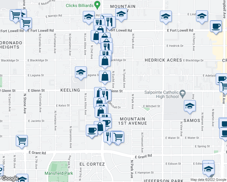 map of restaurants, bars, coffee shops, grocery stores, and more near E Glenn St & N Euclid Ave in Tucson