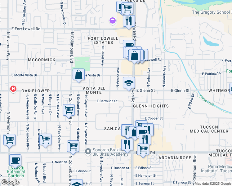 map of restaurants, bars, coffee shops, grocery stores, and more near 4548 East Glenn Street in Tucson