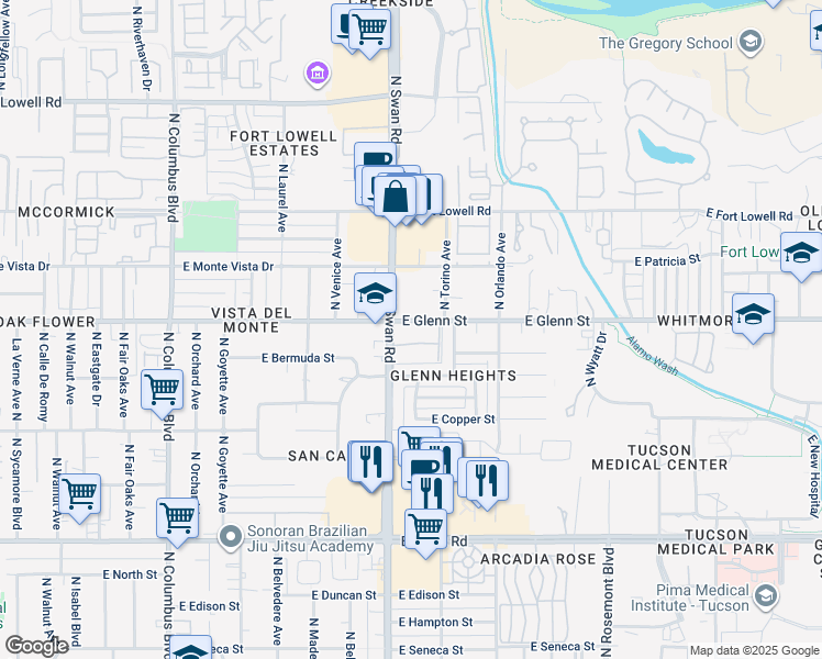 map of restaurants, bars, coffee shops, grocery stores, and more near 2 East Glenn Street in Tucson