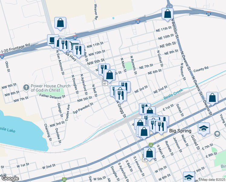 map of restaurants, bars, coffee shops, grocery stores, and more near 400 North Gregg Street in Big Spring
