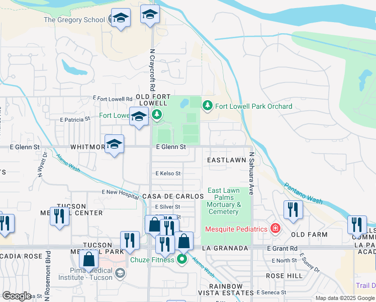 map of restaurants, bars, coffee shops, grocery stores, and more near 5618 East Glenn Street in Tucson