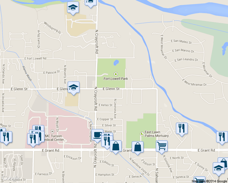map of restaurants, bars, coffee shops, grocery stores, and more near 5618 East Glenn Street in Tucson
