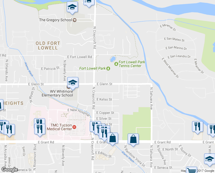map of restaurants, bars, coffee shops, grocery stores, and more near 5618 East Glenn Street in Tucson