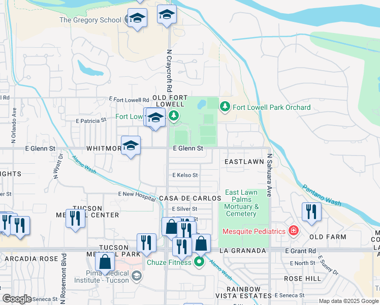map of restaurants, bars, coffee shops, grocery stores, and more near 5550 East Glenn Street in Tucson