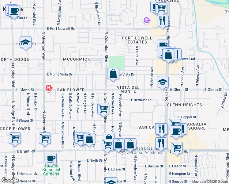 map of restaurants, bars, coffee shops, grocery stores, and more near 4370 East Glenn Street in Tucson