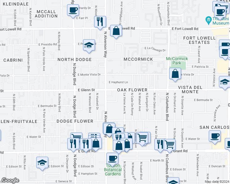 map of restaurants, bars, coffee shops, grocery stores, and more near 2755 North Montezuma Avenue in Tucson