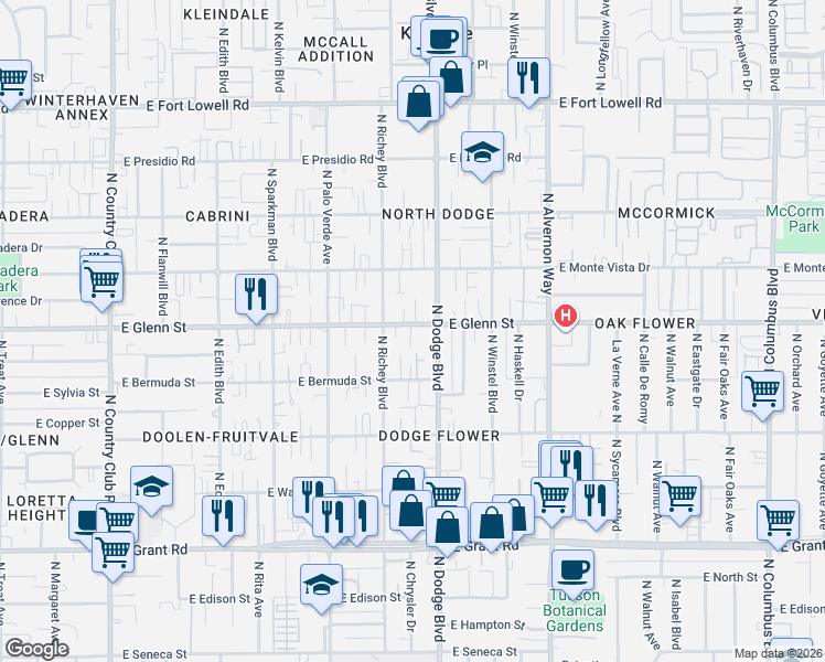 map of restaurants, bars, coffee shops, grocery stores, and more near 2761 North Dodge Boulevard in Tucson