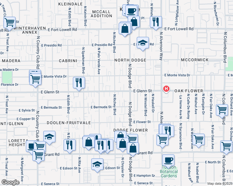 map of restaurants, bars, coffee shops, grocery stores, and more near 2756 North Richey Boulevard in Tucson