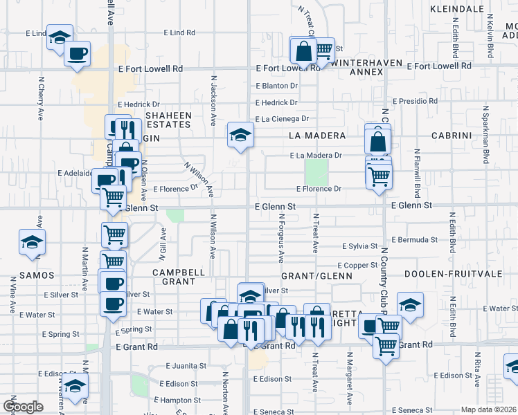 map of restaurants, bars, coffee shops, grocery stores, and more near 2522 East Glenn Street in Tucson