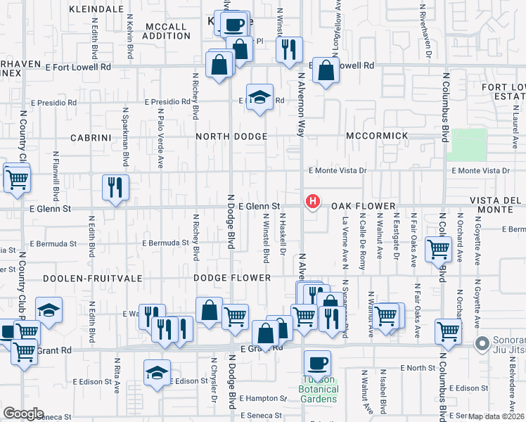map of restaurants, bars, coffee shops, grocery stores, and more near 2768 North Winstel Boulevard in Tucson