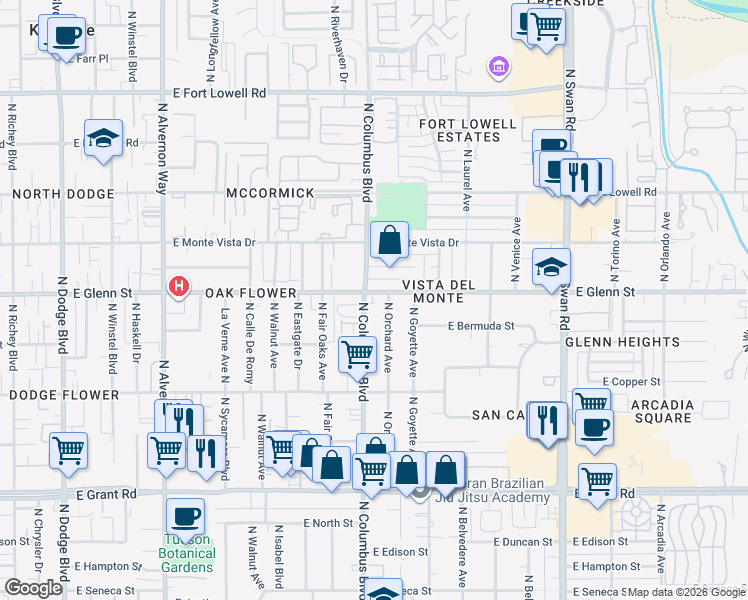 map of restaurants, bars, coffee shops, grocery stores, and more near in Tucson
