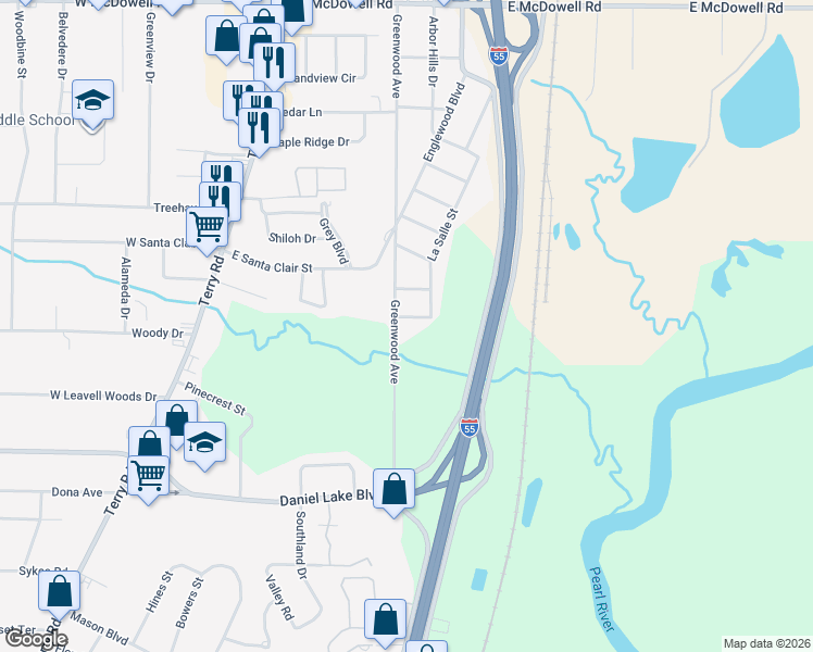 map of restaurants, bars, coffee shops, grocery stores, and more near 441 Conner Avenue in Jackson