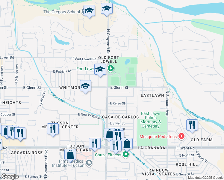 map of restaurants, bars, coffee shops, grocery stores, and more near 5518 East Glenn Street in Tucson