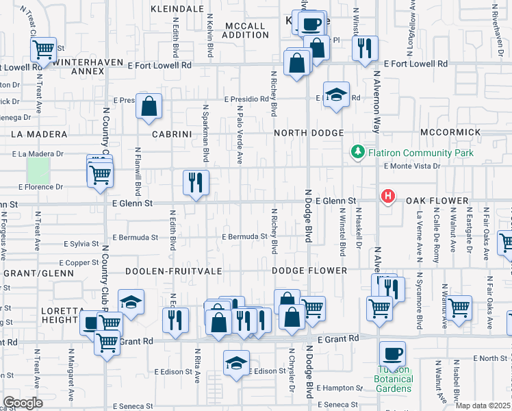map of restaurants, bars, coffee shops, grocery stores, and more near 3526 East Glenn Street in Tucson