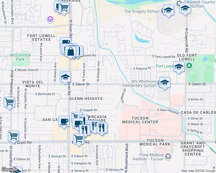 map of restaurants, bars, coffee shops, grocery stores, and more near 4934 East Glenn Street in Tucson