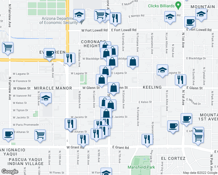 map of restaurants, bars, coffee shops, grocery stores, and more near E Glenn St & W Glenn St in Tucson