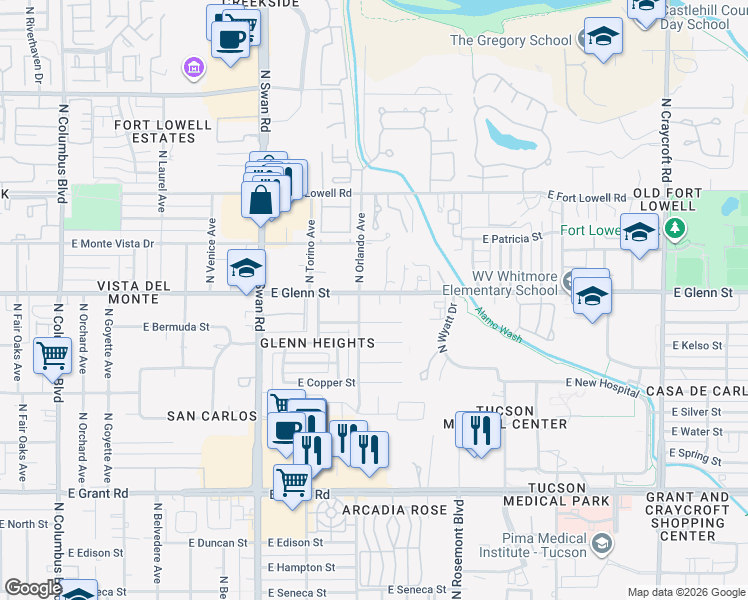 map of restaurants, bars, coffee shops, grocery stores, and more near 4910 North Santa Rosa in Tucson