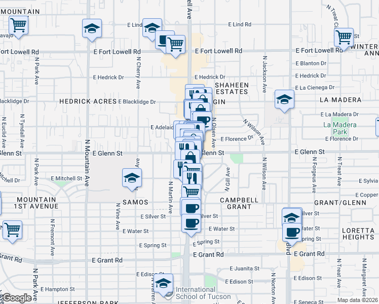 map of restaurants, bars, coffee shops, grocery stores, and more near 1818 East Glenn Street in Tucson