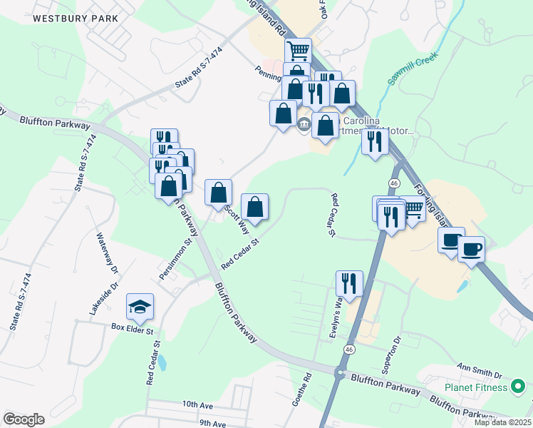 map of restaurants, bars, coffee shops, grocery stores, and more near 4415 Bluffton Parkway in Bluffton
