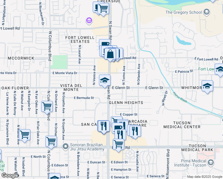 map of restaurants, bars, coffee shops, grocery stores, and more near in Tucson