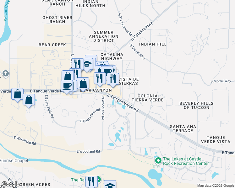 map of restaurants, bars, coffee shops, grocery stores, and more near 9191 East Tanque Verde Road in Tucson