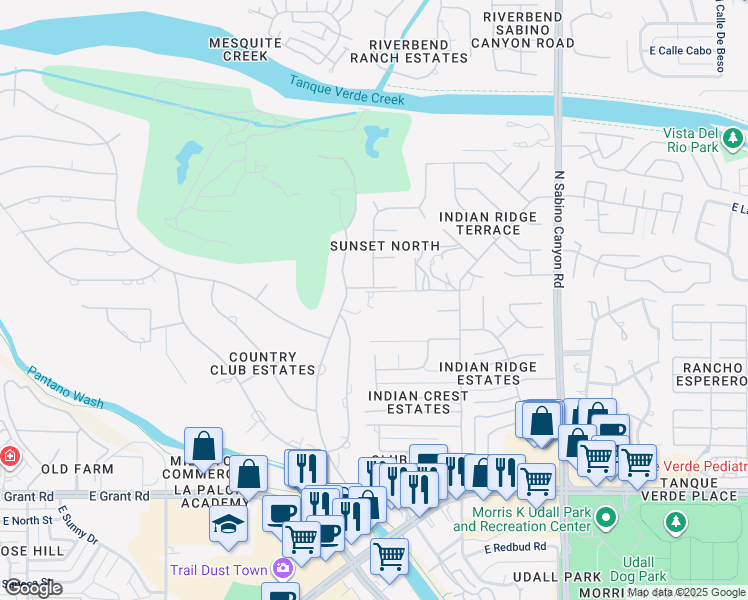 map of restaurants, bars, coffee shops, grocery stores, and more near 2799 North Indian Ruins Road in Tucson