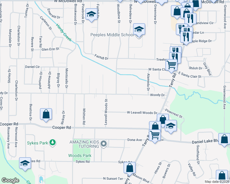 map of restaurants, bars, coffee shops, grocery stores, and more near 310 Woody Drive in Jackson