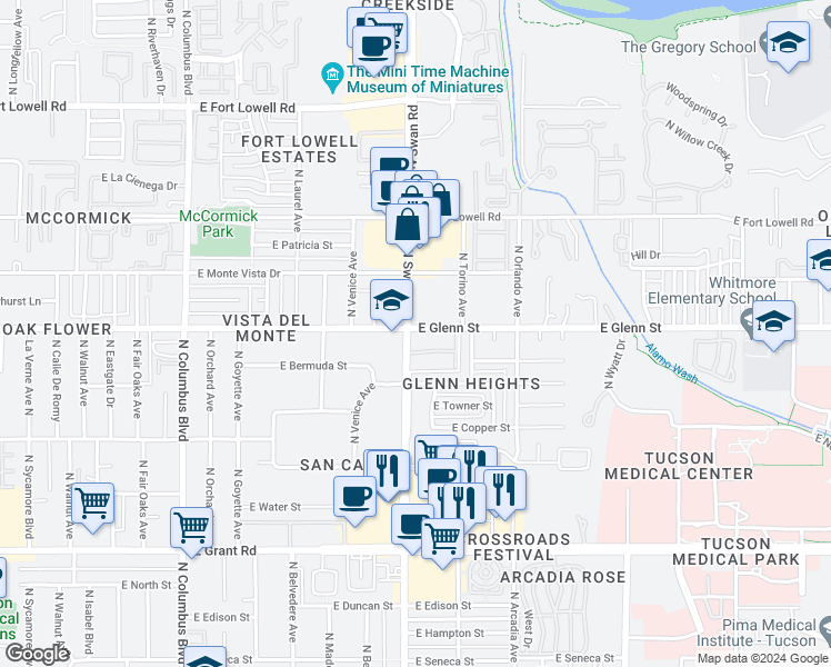 map of restaurants, bars, coffee shops, grocery stores, and more near 2 East Glenn Street in Tucson