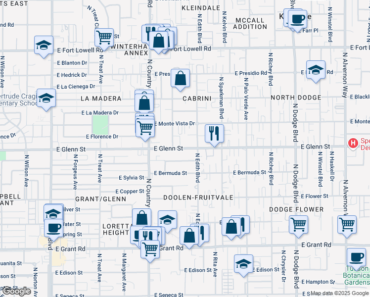 map of restaurants, bars, coffee shops, grocery stores, and more near 3232 East Glenn Street in Tucson