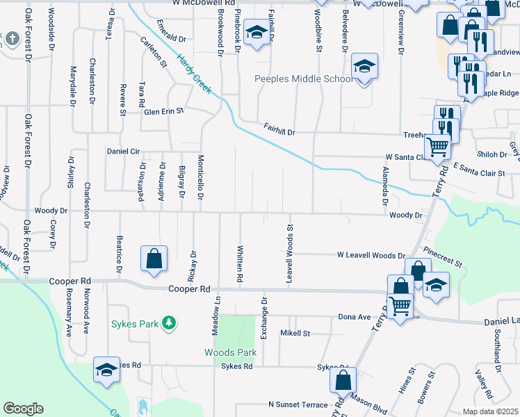 map of restaurants, bars, coffee shops, grocery stores, and more near 390 Woody Drive in Jackson