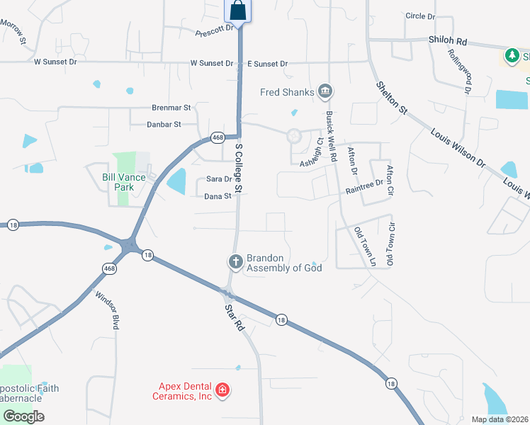 map of restaurants, bars, coffee shops, grocery stores, and more near 935 South College Street in Brandon