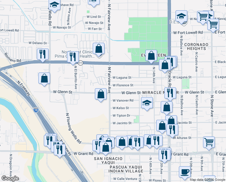 map of restaurants, bars, coffee shops, grocery stores, and more near 872 West Glenn Street in Tucson