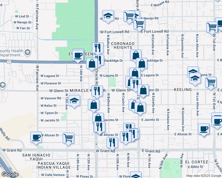 map of restaurants, bars, coffee shops, grocery stores, and more near 250 West Glenn Street in Tucson