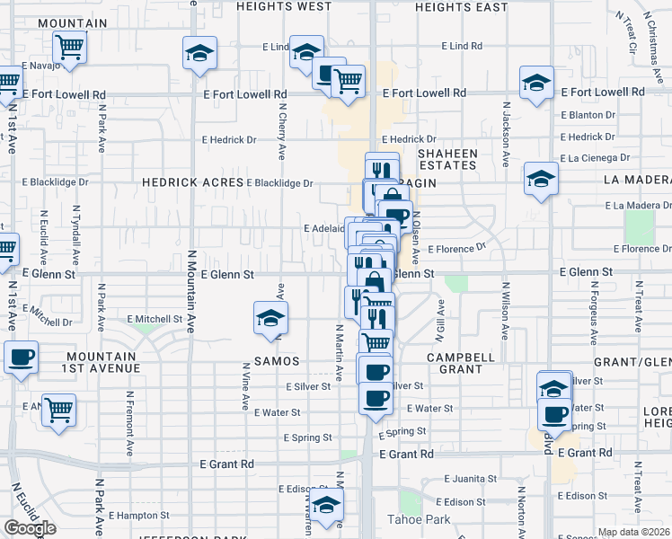 map of restaurants, bars, coffee shops, grocery stores, and more near 1745 East Glenn Street in Tucson