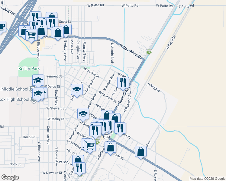 map of restaurants, bars, coffee shops, grocery stores, and more near 454 North Curtis Avenue in Willcox