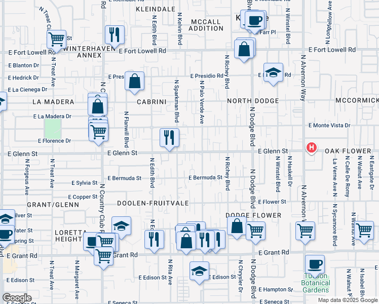 map of restaurants, bars, coffee shops, grocery stores, and more near East Glenn Street in Tucson