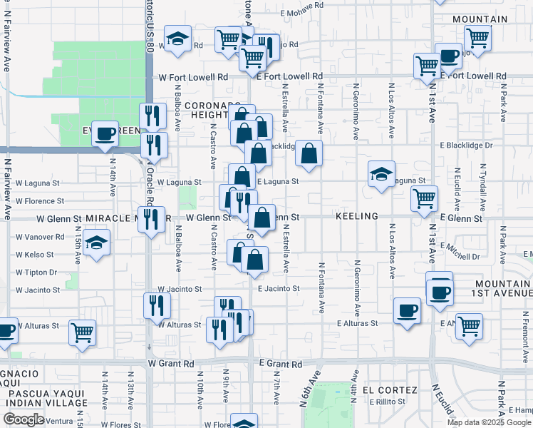 map of restaurants, bars, coffee shops, grocery stores, and more near 29 East Glenn Street in Tucson
