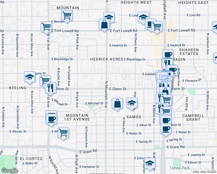 map of restaurants, bars, coffee shops, grocery stores, and more near in Tucson