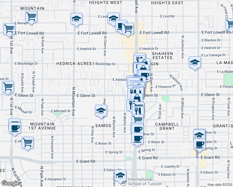 map of restaurants, bars, coffee shops, grocery stores, and more near 1726 East Glenn Street in Tucson