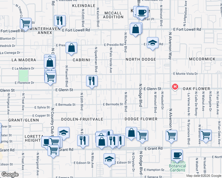 map of restaurants, bars, coffee shops, grocery stores, and more near E Glenn St & N Palo Verde Ave in Tucson