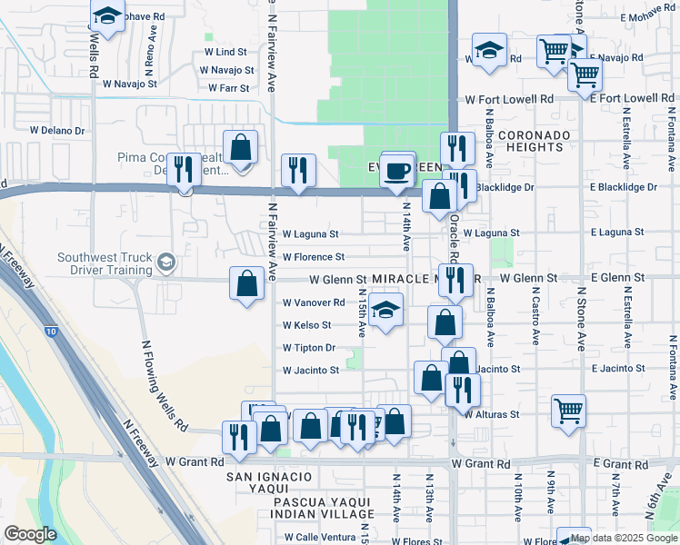 map of restaurants, bars, coffee shops, grocery stores, and more near 742 West Glenn Street in Tucson