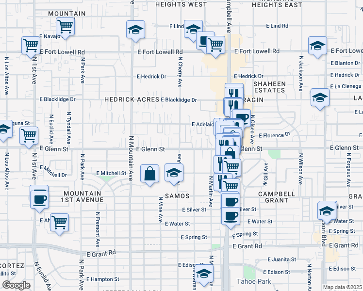 map of restaurants, bars, coffee shops, grocery stores, and more near 1618 East Glenn Street in Tucson
