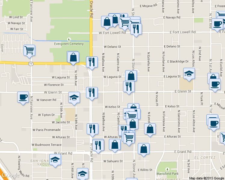map of restaurants, bars, coffee shops, grocery stores, and more near 2755 North Castro Avenue in Tucson