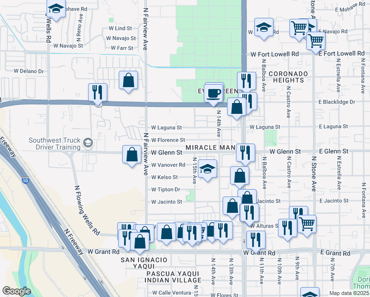 map of restaurants, bars, coffee shops, grocery stores, and more near 742 West Glenn Street in Tucson