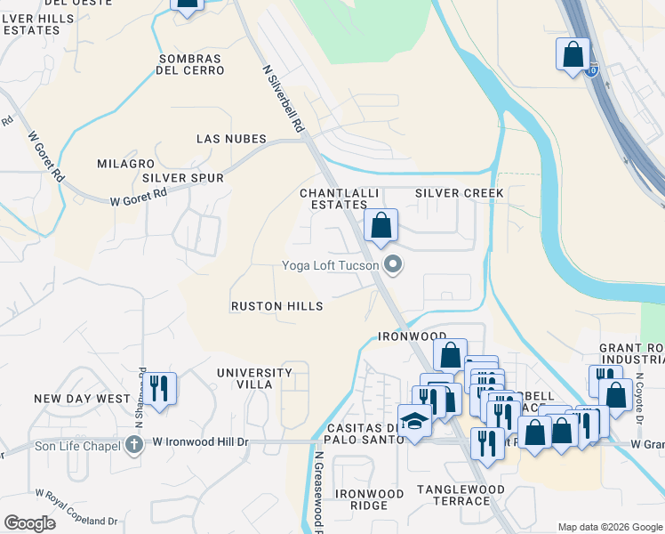 map of restaurants, bars, coffee shops, grocery stores, and more near 2777 North Bell Hollow Place in Tucson