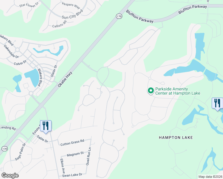 map of restaurants, bars, coffee shops, grocery stores, and more near 3 Station Loop in Bluffton