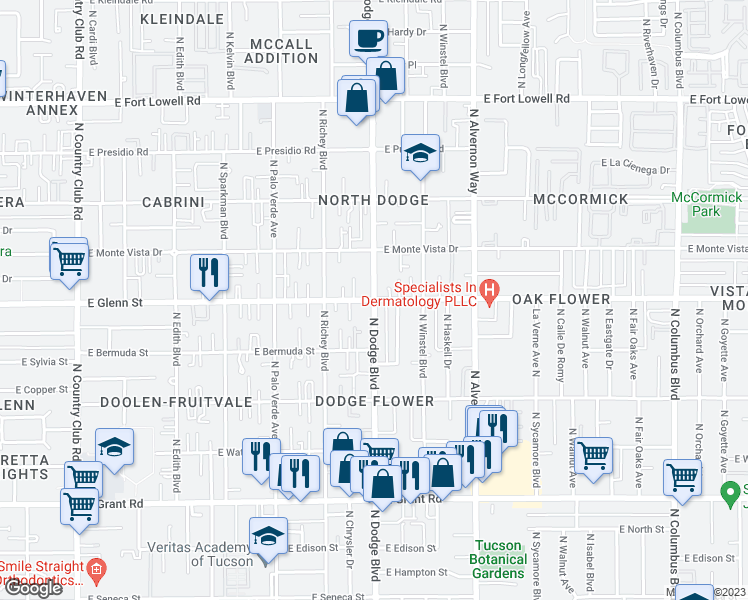 map of restaurants, bars, coffee shops, grocery stores, and more near E Glenn St & N Dodge Blvd in Tucson