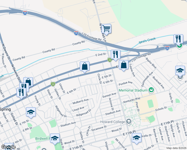 map of restaurants, bars, coffee shops, grocery stores, and more near 1304 East 4th Street in Big Spring